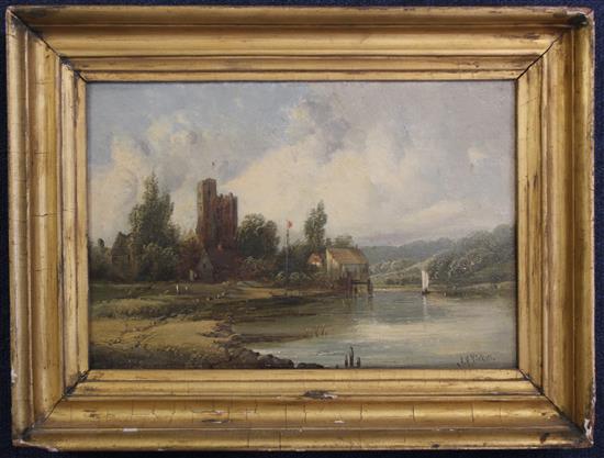 Alfred Henry Vickers (1853-1907) River landscape with cottages beside a castle, 8 x 11.75in.